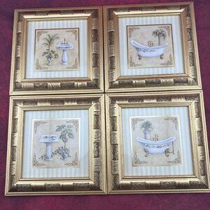 4 VINTAGE GOLD FRAMED PALM THREE NAUTICAL COASTAL BATHROOM PICTURES, 7" x 7"